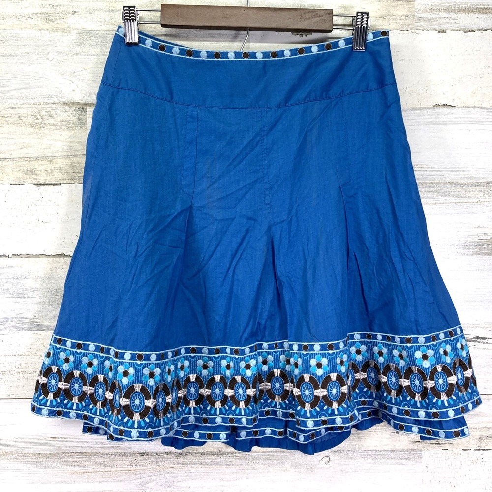 Ann Taylor Women Blue Floral Embroidered Tiered Ruffle Lined Knee Length Skirt 4